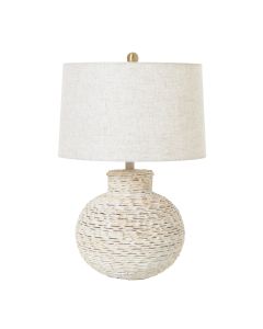 White Wash Bulbous Wicker Table Lamp With Linen Shade